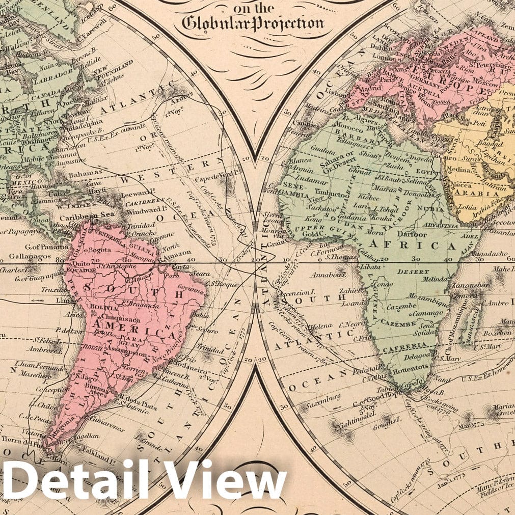 World on Globular Projection, 1859 - Historical Map Print