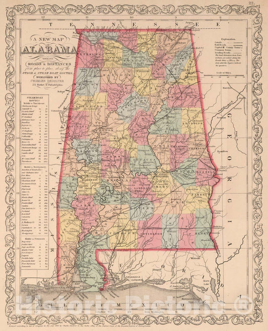 Alabama - Railroad Map, 1856 - Historical Map Print