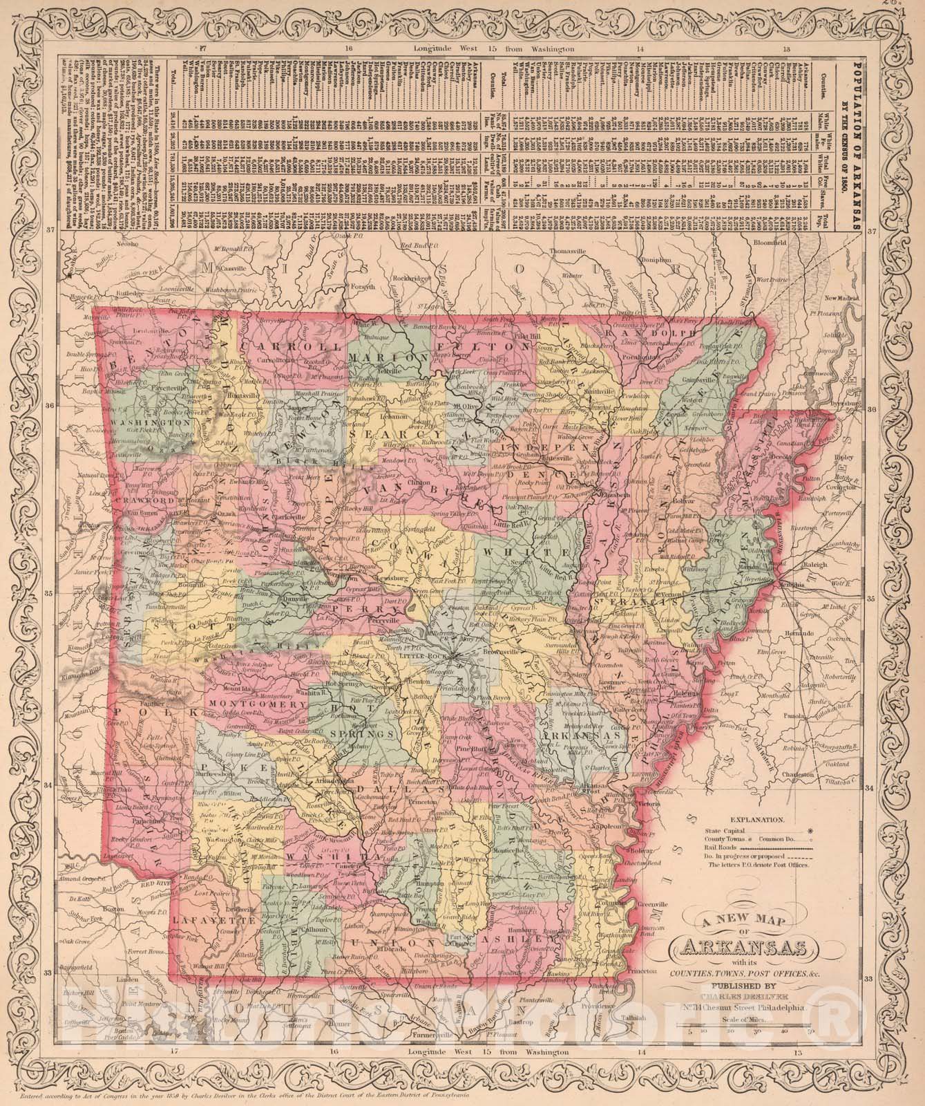 Historic Map : A New Map of Arkansas : Published by Charles Desilver, 1859 - Vintage Wall Art