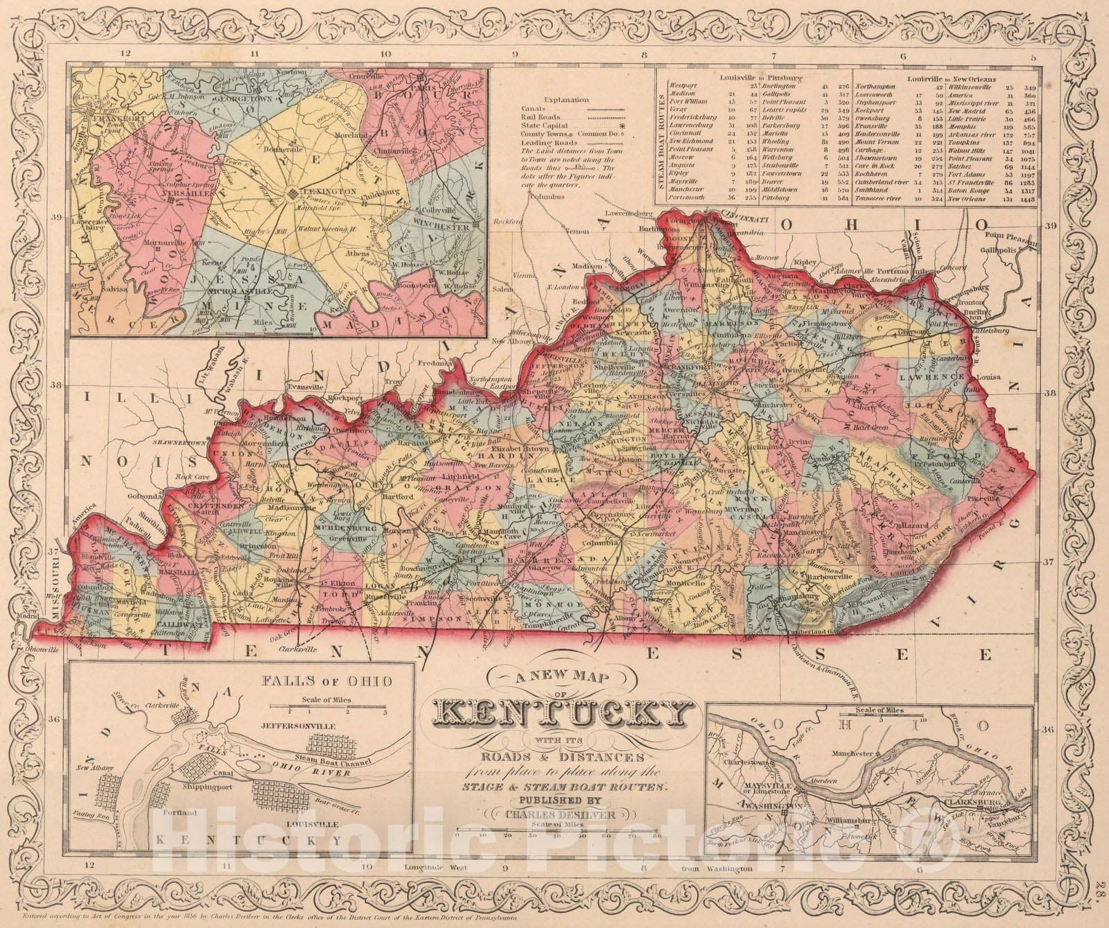 Historic Map : A New Map of Kentucky : Published by Charles Desilver, 1856 - Vintage Wall Art