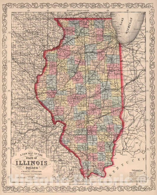 Historic Map - A New Map of the State of Illinois : Published by Charles Desilver, 1859 - Vintage Wall Art