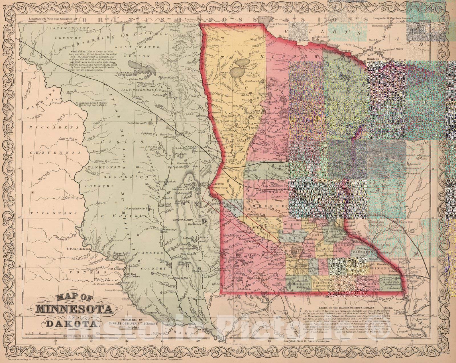 Historic Map : Map of Minnesota and Dakota : Published by Charles Desilver, 1859 - Vintage Wall Art