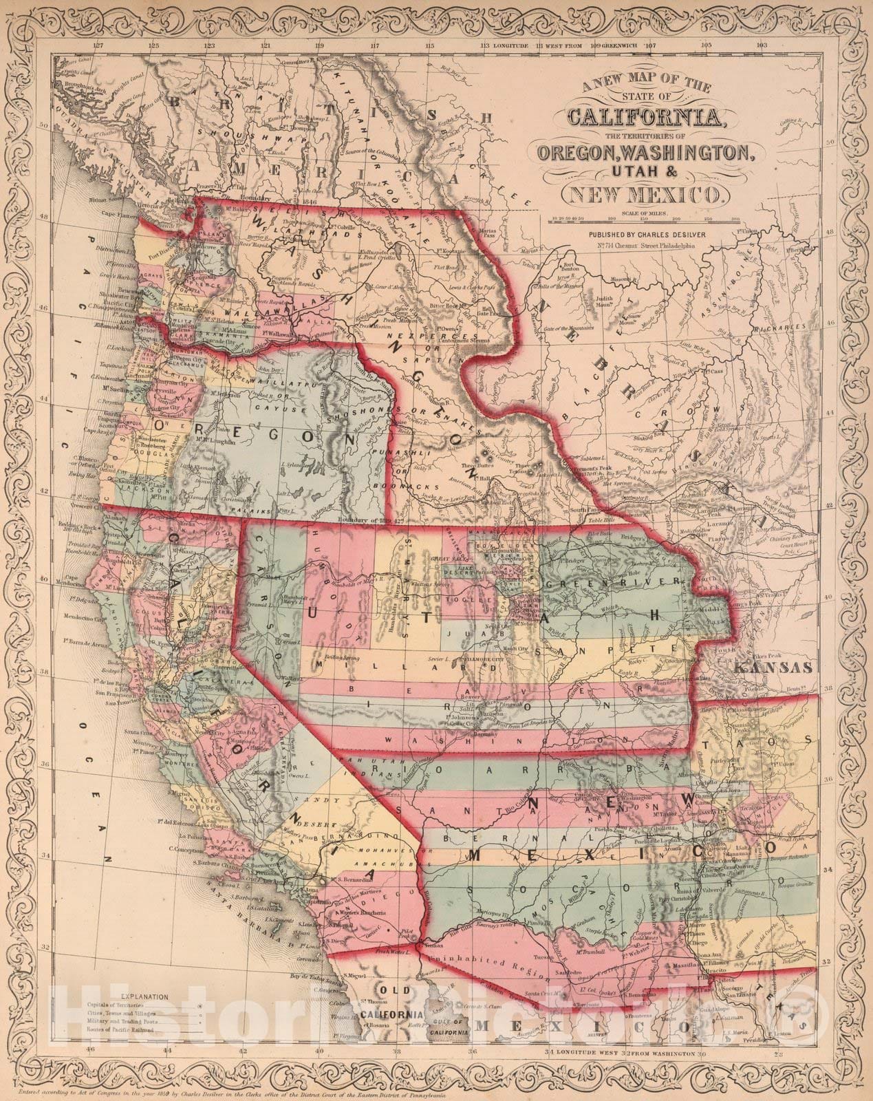 Historic Map : World Atlas Map, California, the Territories of Oregon, Washington, Utah & New Mexico. 37 1859 - Vintage Wall Art