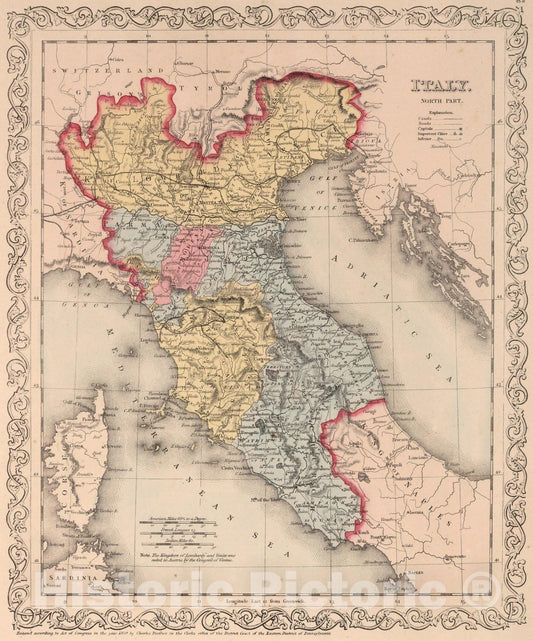 Historic Map : World Atlas Map, Italy. North part. 62 1859 - Vintage Wall Art