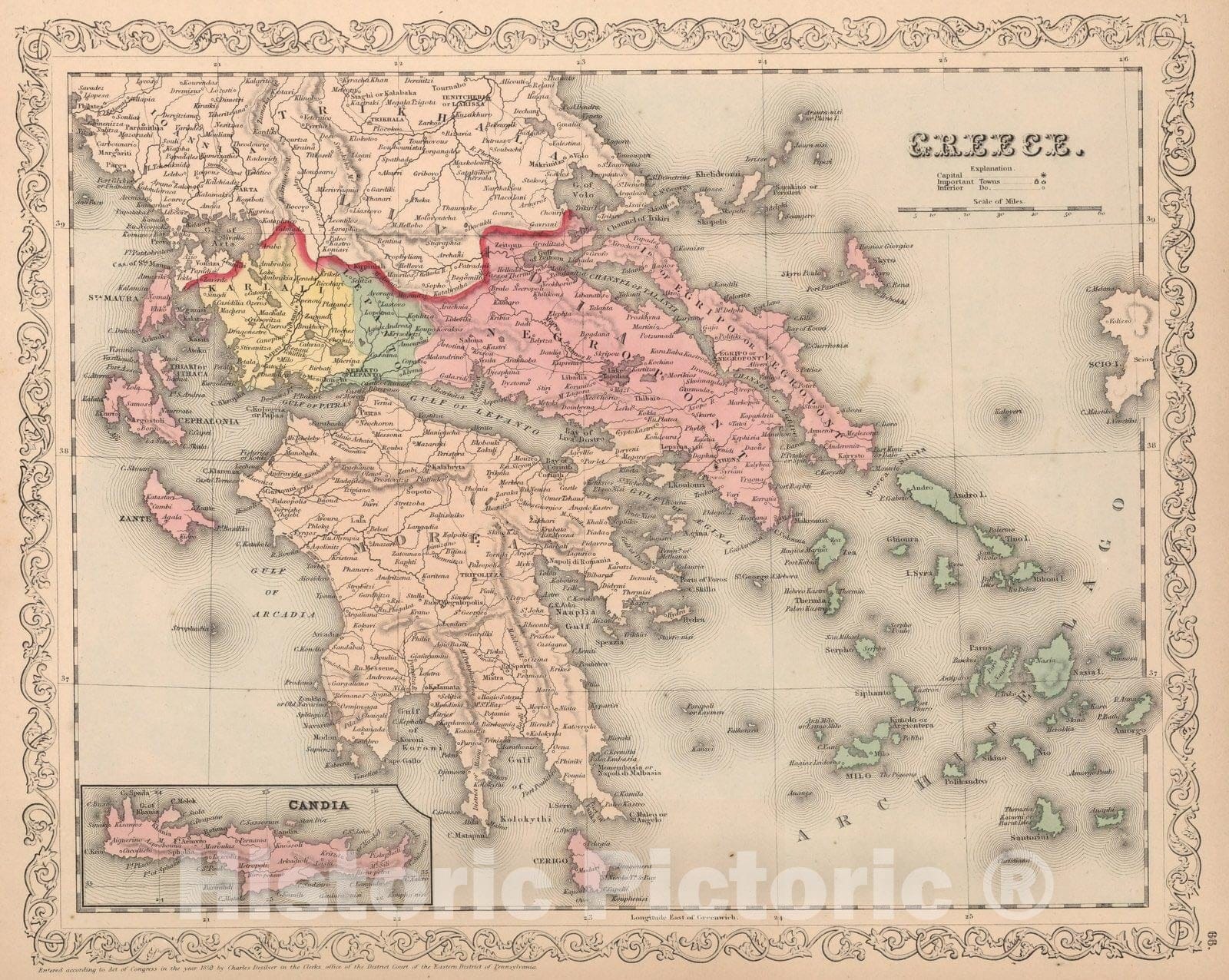 Historic Map : World Atlas Map, Greece. 66 1859 - Vintage Wall Art