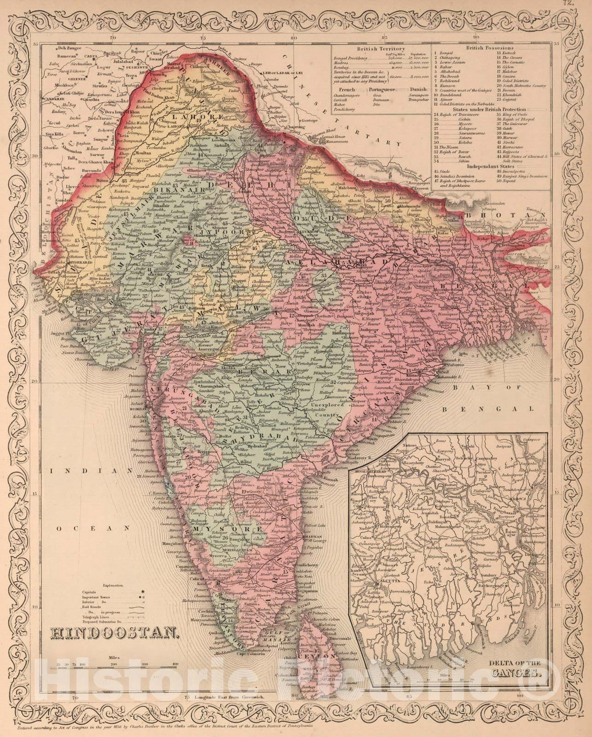 Historic Map : World Atlas Map, Hindoostan. 72 1856 - Vintage Wall Art