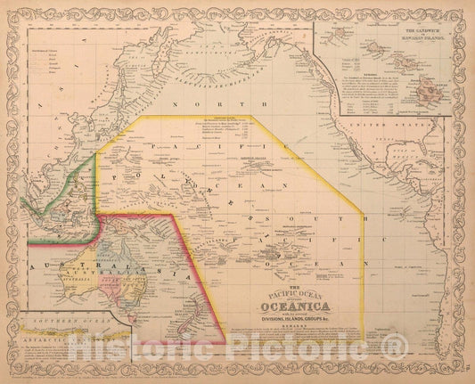 Historic Map : World Atlas Map, The Pacific Ocean including Oceania with its several Divisions, Islands, Groups, c. 76 1859 - Vintage Wall Art