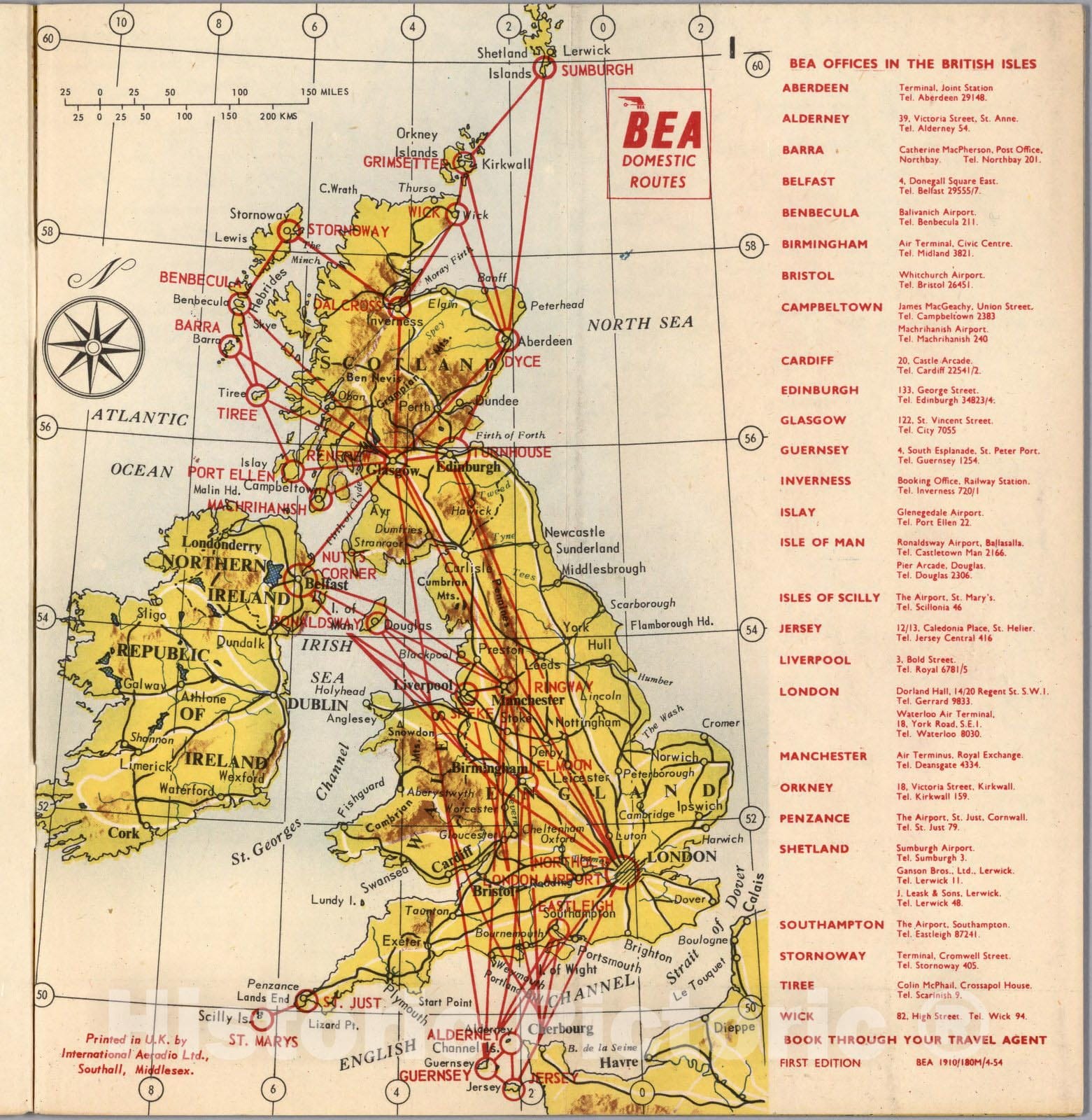 Historic Map : Pocket Map, BEA domestic routes 1954 - Vintage Wall Art
