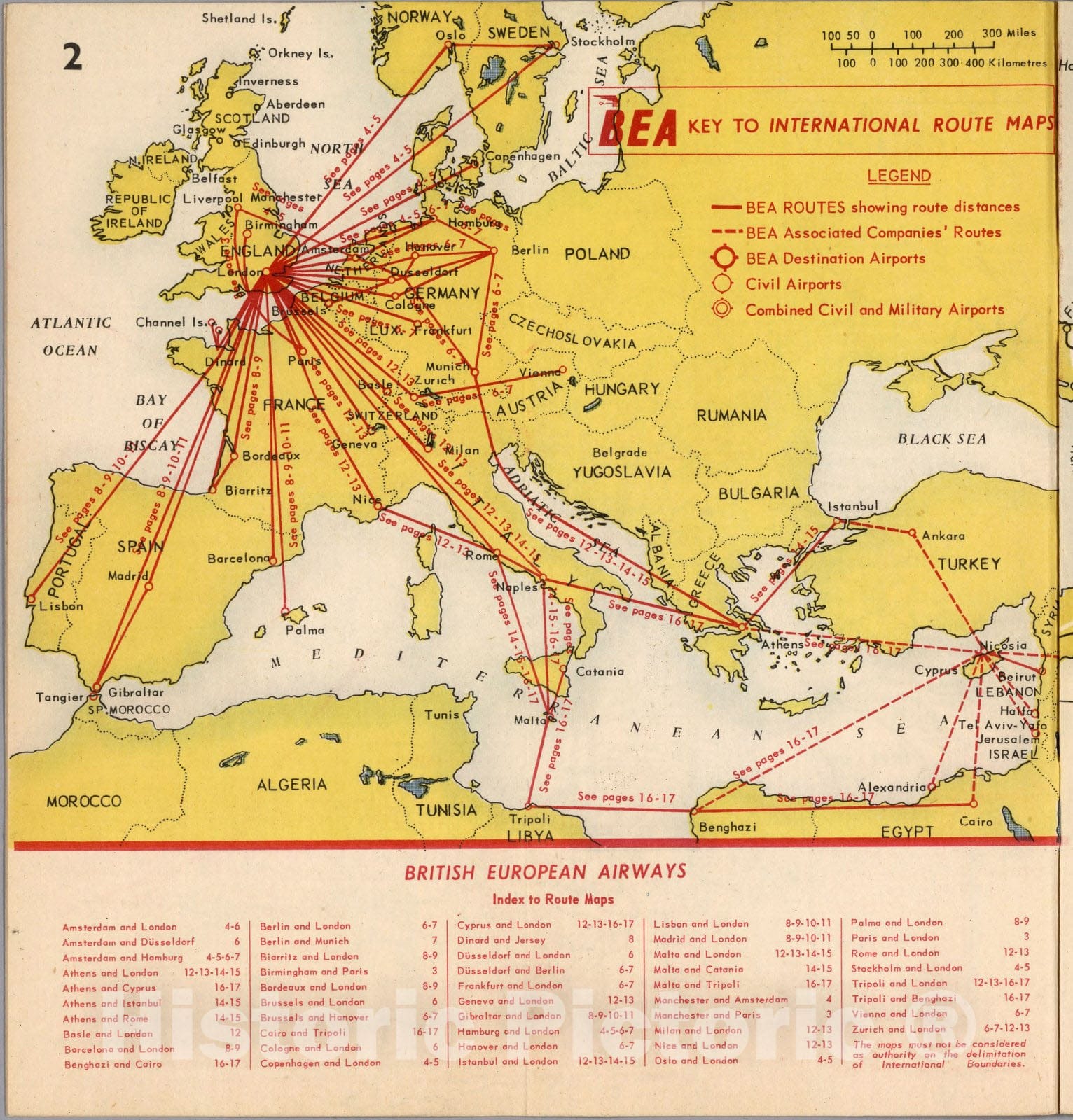 Historic Map : BEA key to international route map, 1954 - Vintage Wall Art