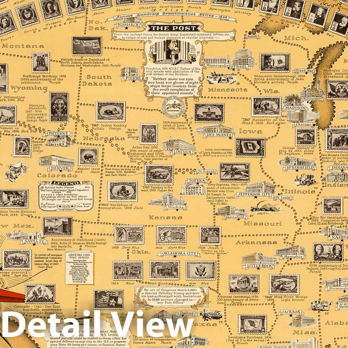 United States - Pictorial Map, 1947 - Vintage Stamps Historical Map Print
