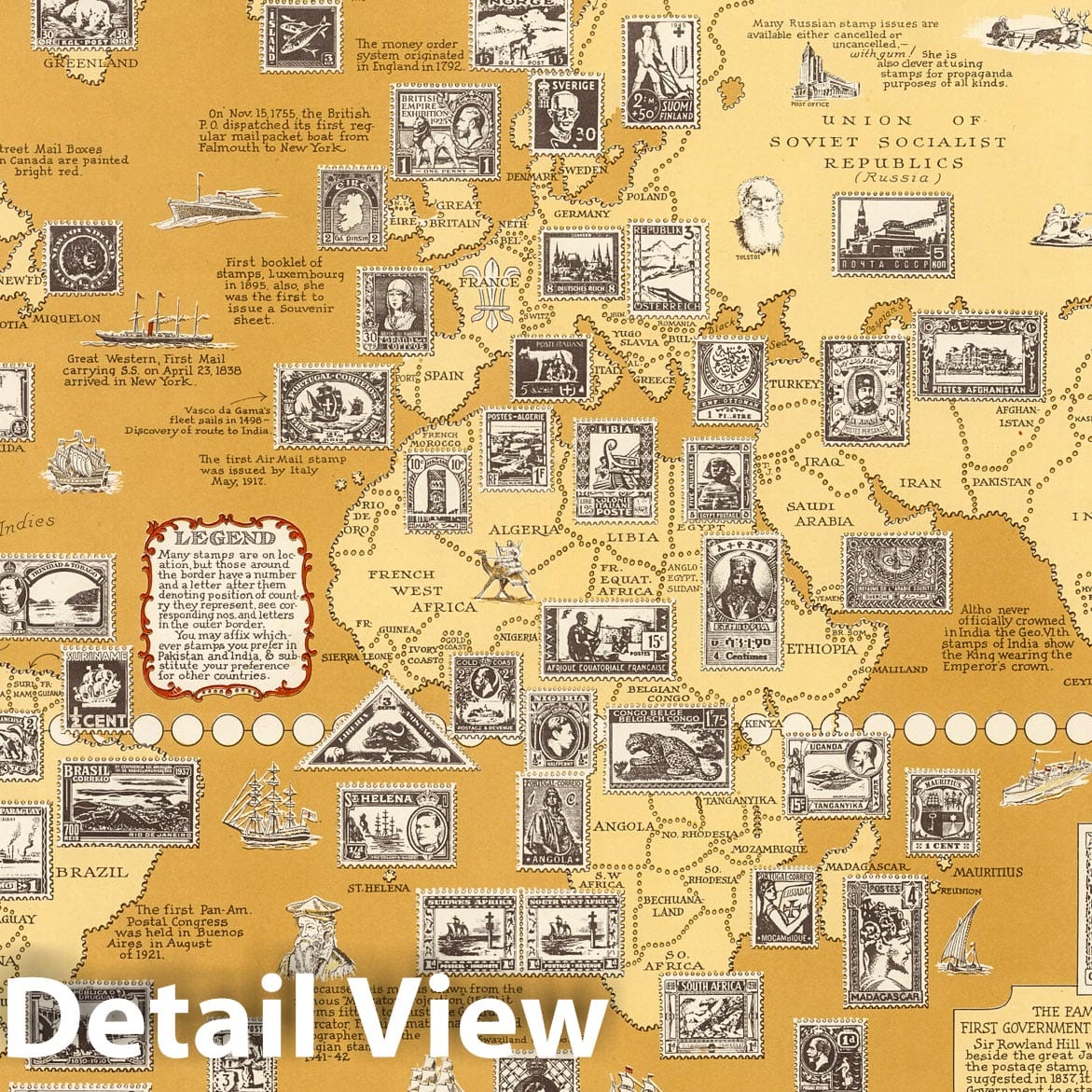 World - Pictorial Map, 1947 - Stamp History Print