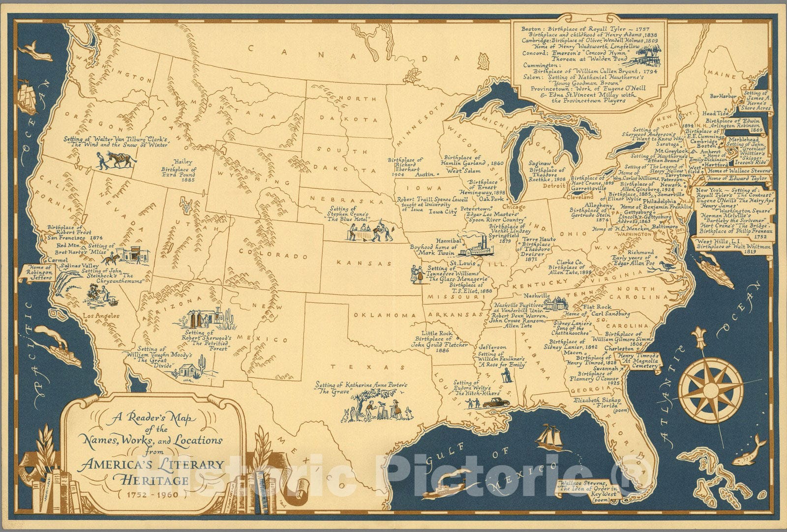 Historic Map : A Reader's Map of the Names, Works, and Locations from America's Literary Heritage, 1960 - Vintage Wall Art