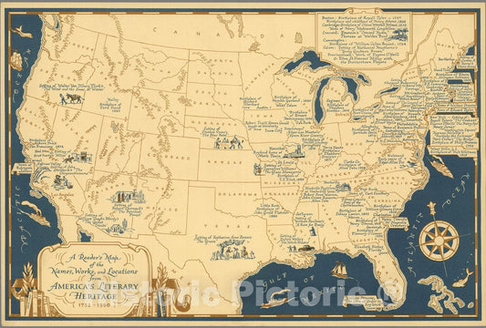 United States - Literary Heritage - Pictorial Map, 1960
