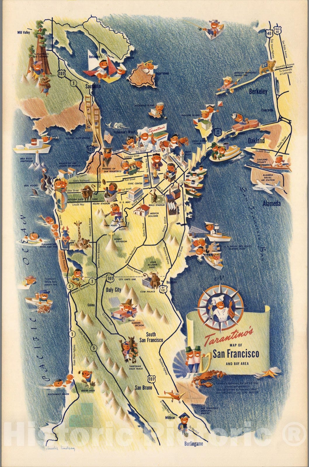 Historic Map : Tarantinos' map of San Francisco and Bay Area. Charlie Lindsay, 1950 - Vintage Wall Art