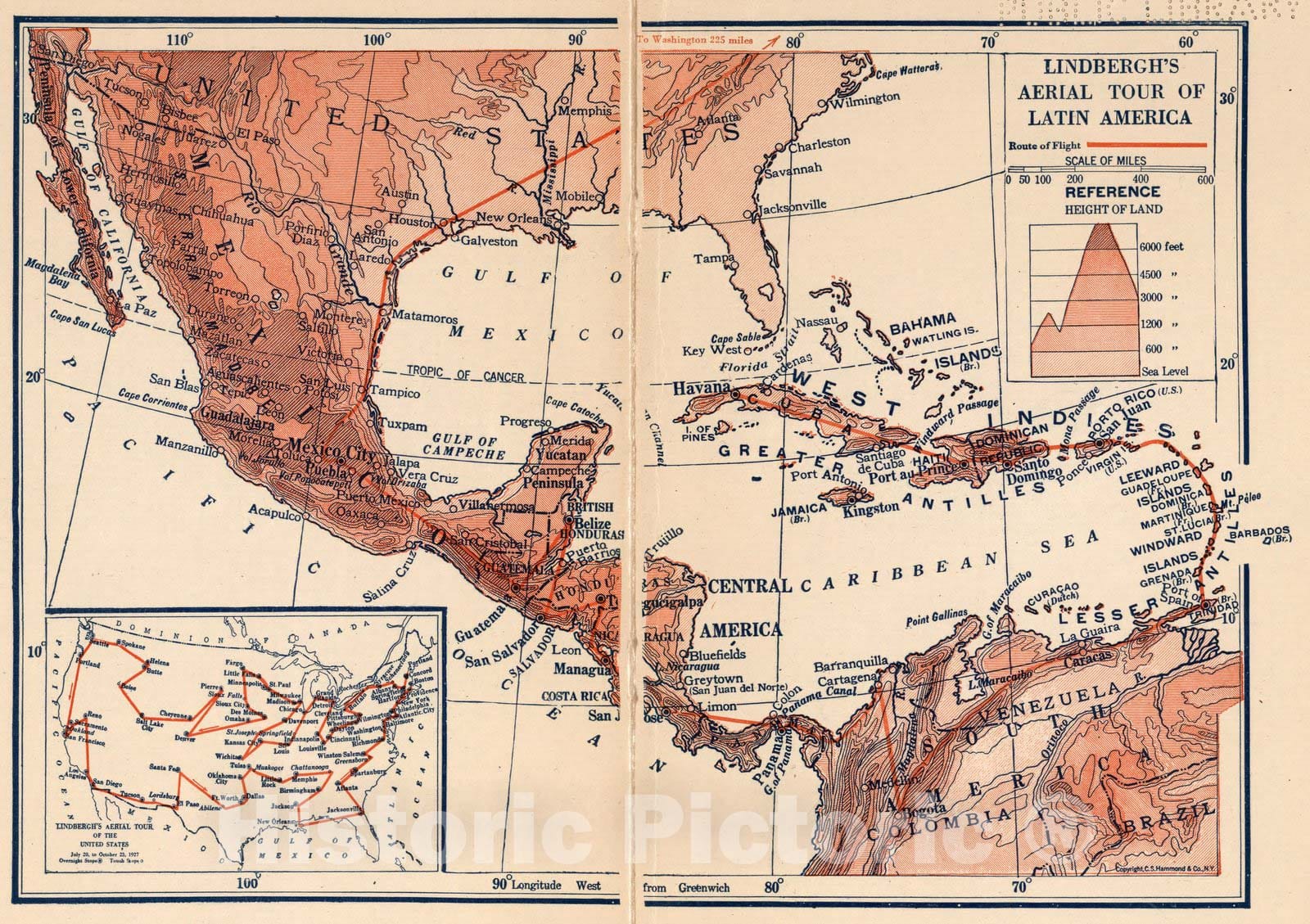 Historic Map : World Atlas Map, Lindbergh's aerial tour of Latin America 1928 - Vintage Wall Art