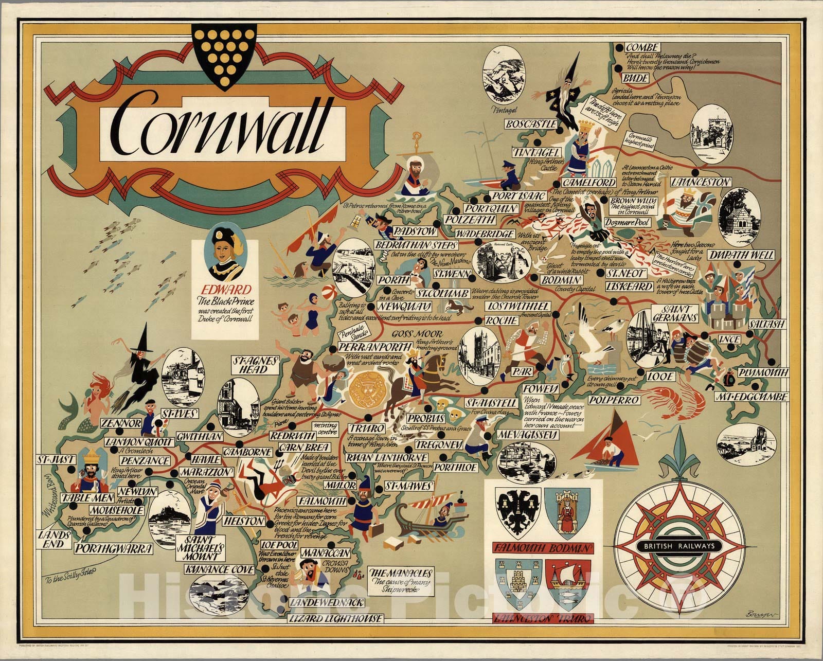 Cornwall, England - Pictorial Map, 1950 - Historical Map Print