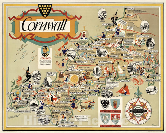 Historic Map - Cornwall. (By) Bowyer. Published by British Railways (Western Region) 1950, Historic Map - Vintage Wall Art