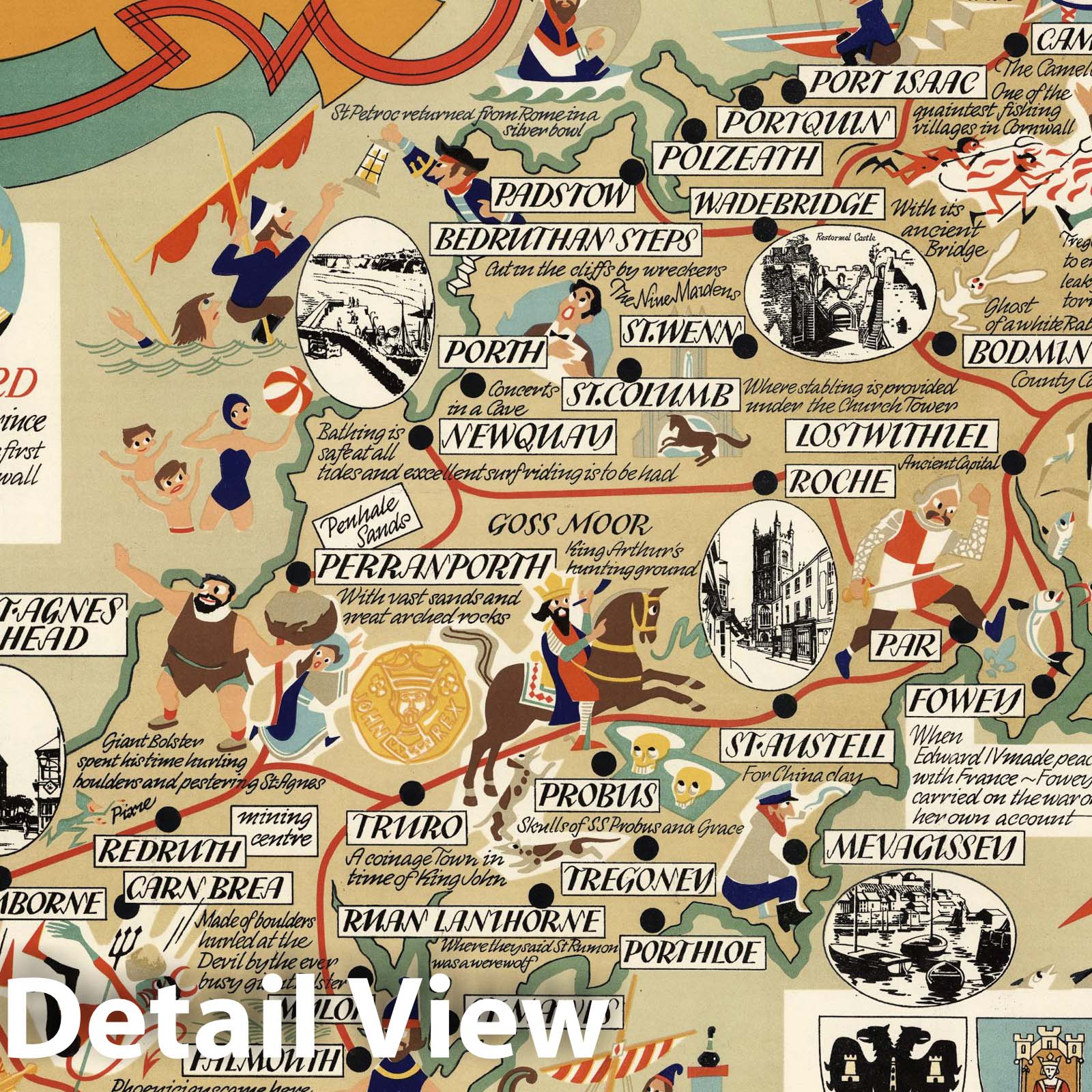 Cornwall, England - Pictorial Map, 1950 - Historical Map Print