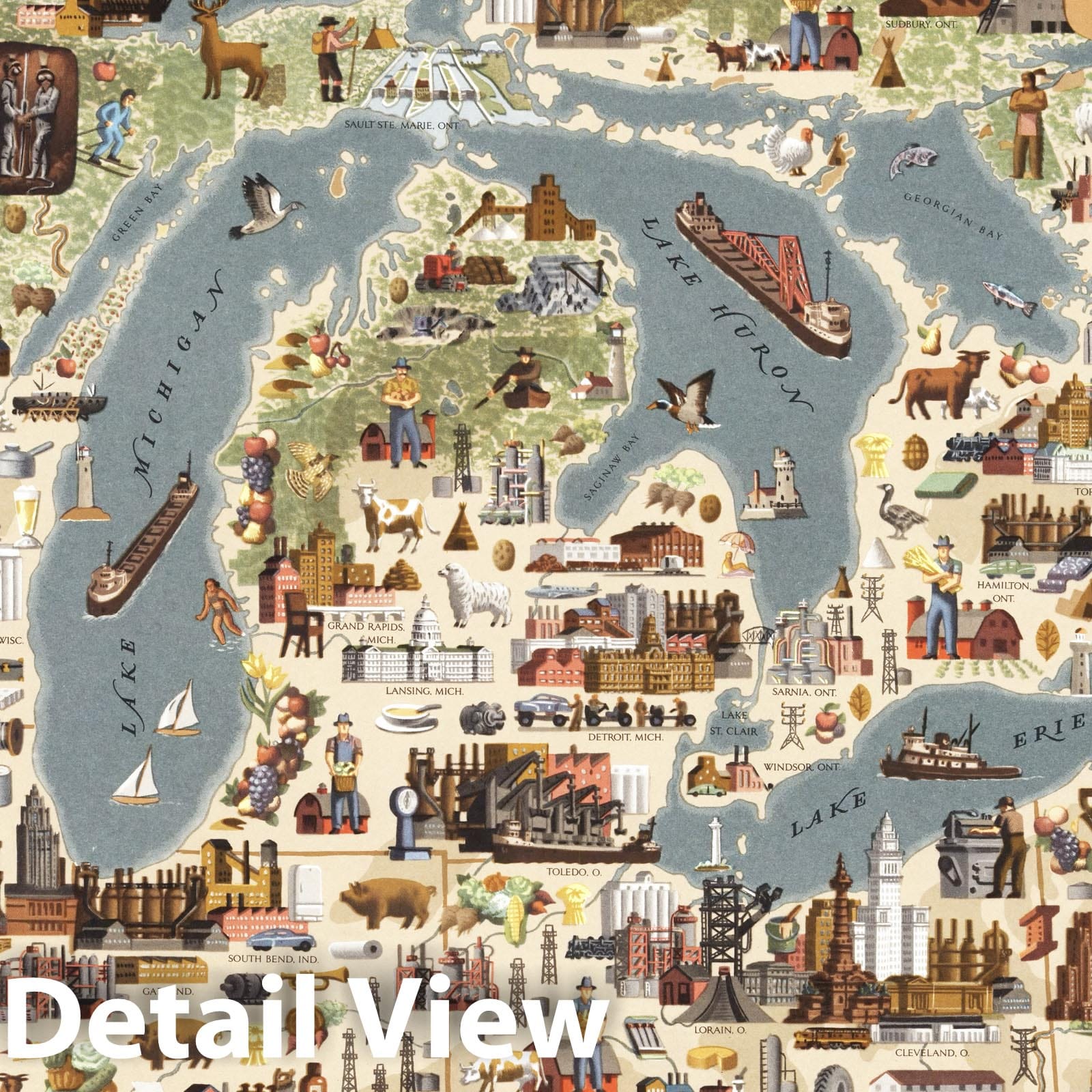 Great Lakes Region - Pictorial Map, 1954 - Historical Map Print