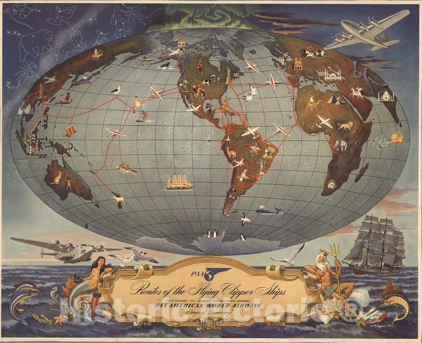 Historic Map : Routes of the Flying Clipper Ships. 1941 v1 - Vintage Wall Art