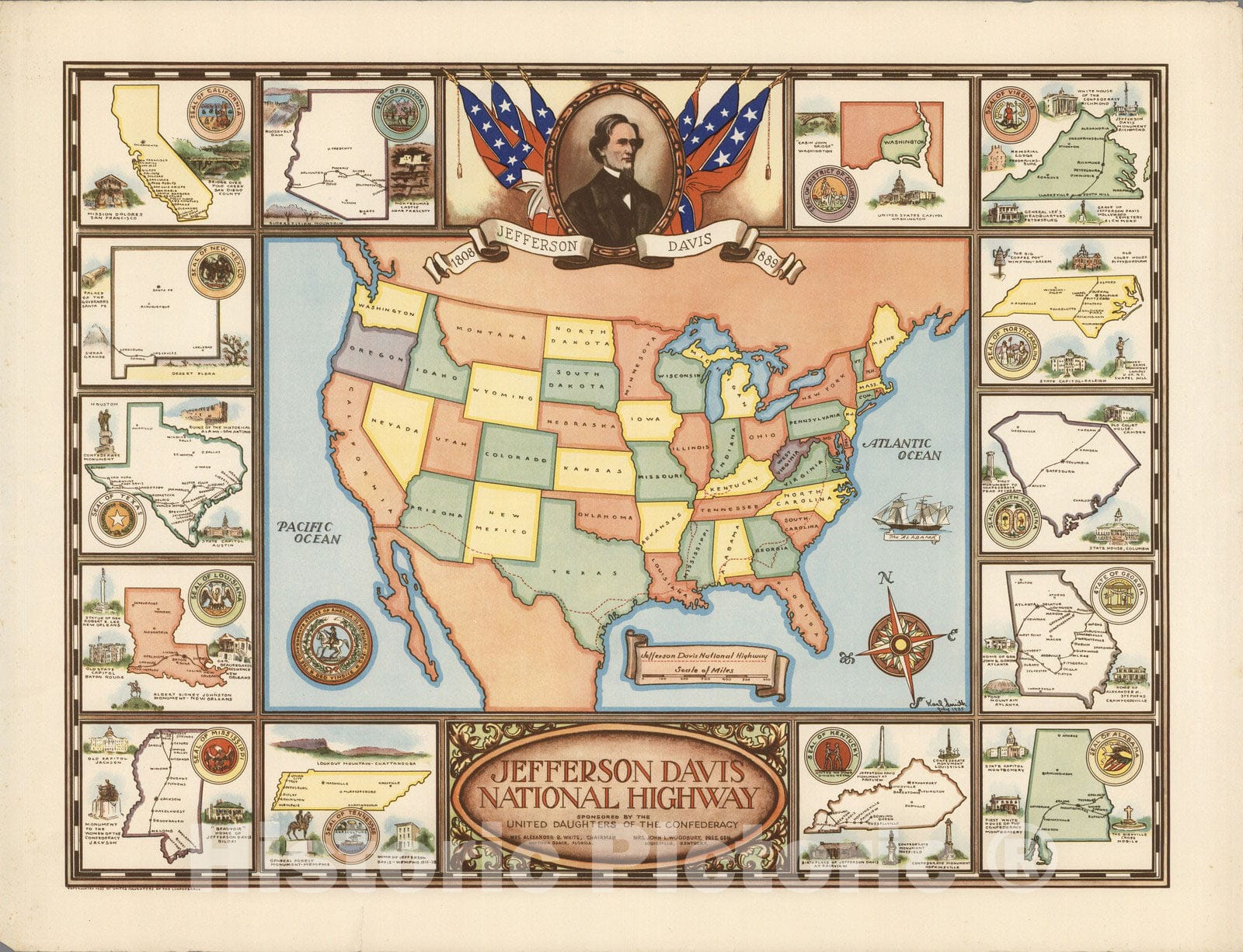 Jefferson Davis National Highway Pictorial Map, 1935 - Historical Print