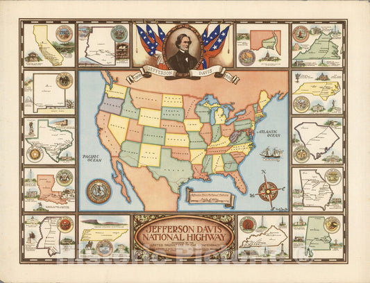Jefferson Davis National Highway Pictorial Map, 1935 - Historical Print