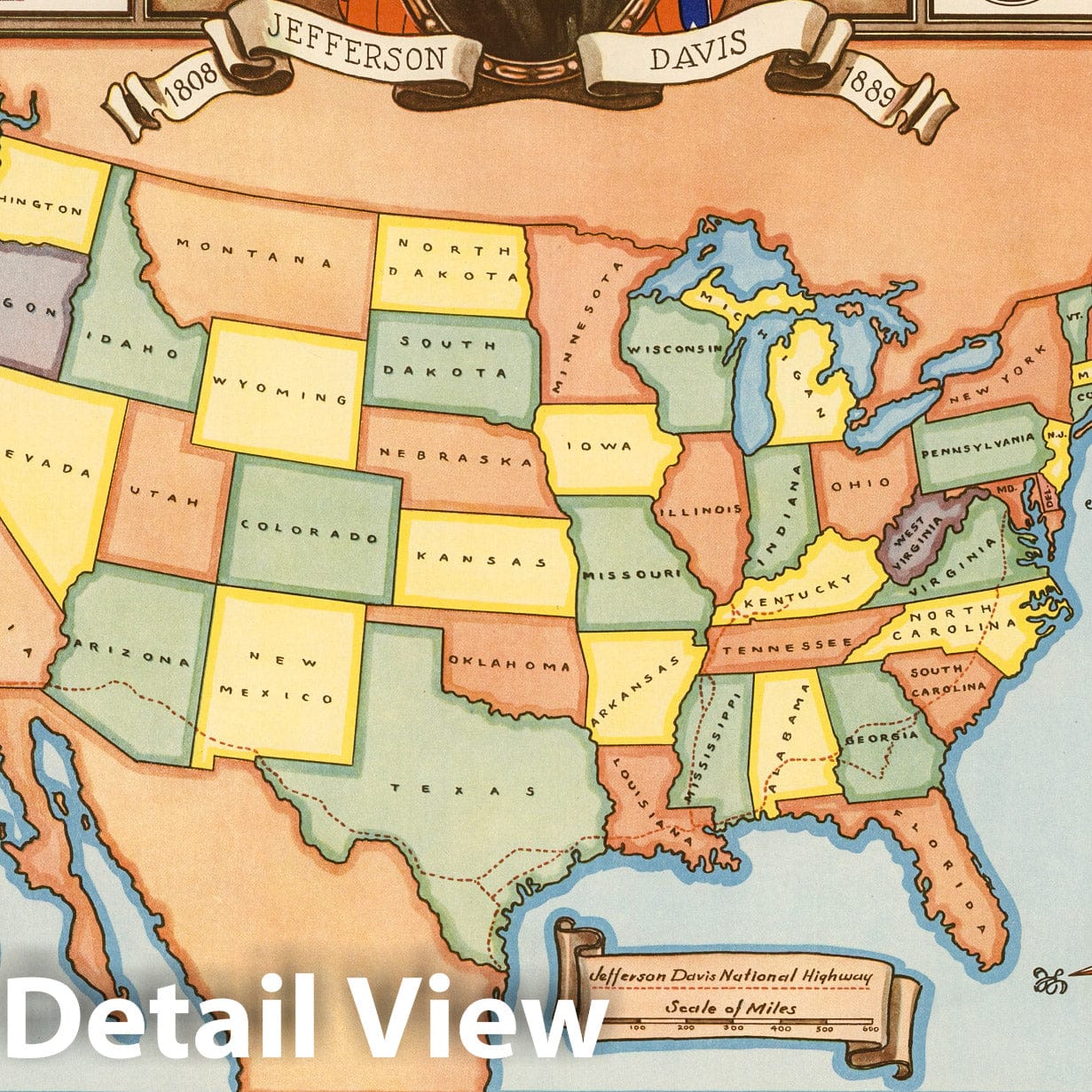 Jefferson Davis National Highway Pictorial Map, 1935 - Historical Print