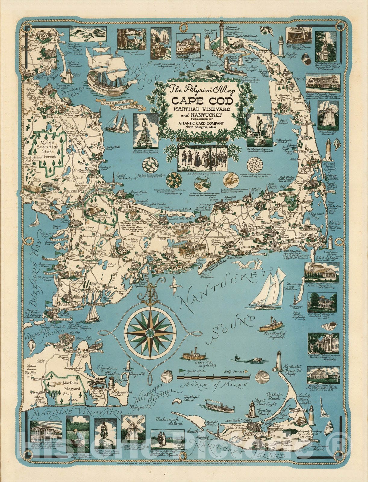 Cape Cod, Martha's Vineyard, and Nantucket - Pictorial Map, 1956