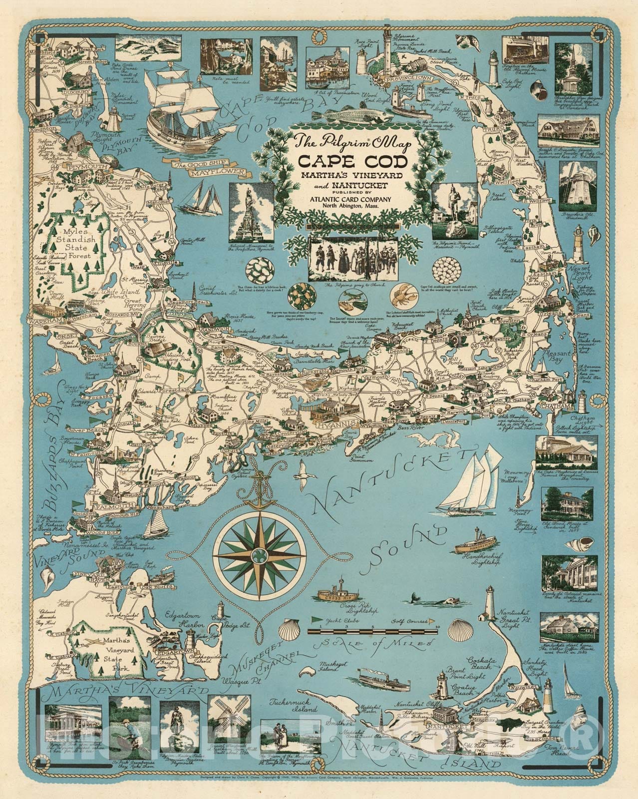Historic Map : The Pilgrim map, Cape Cod, Martha's Vinyard and Nantucket, 1956 - Vintage Wall Art