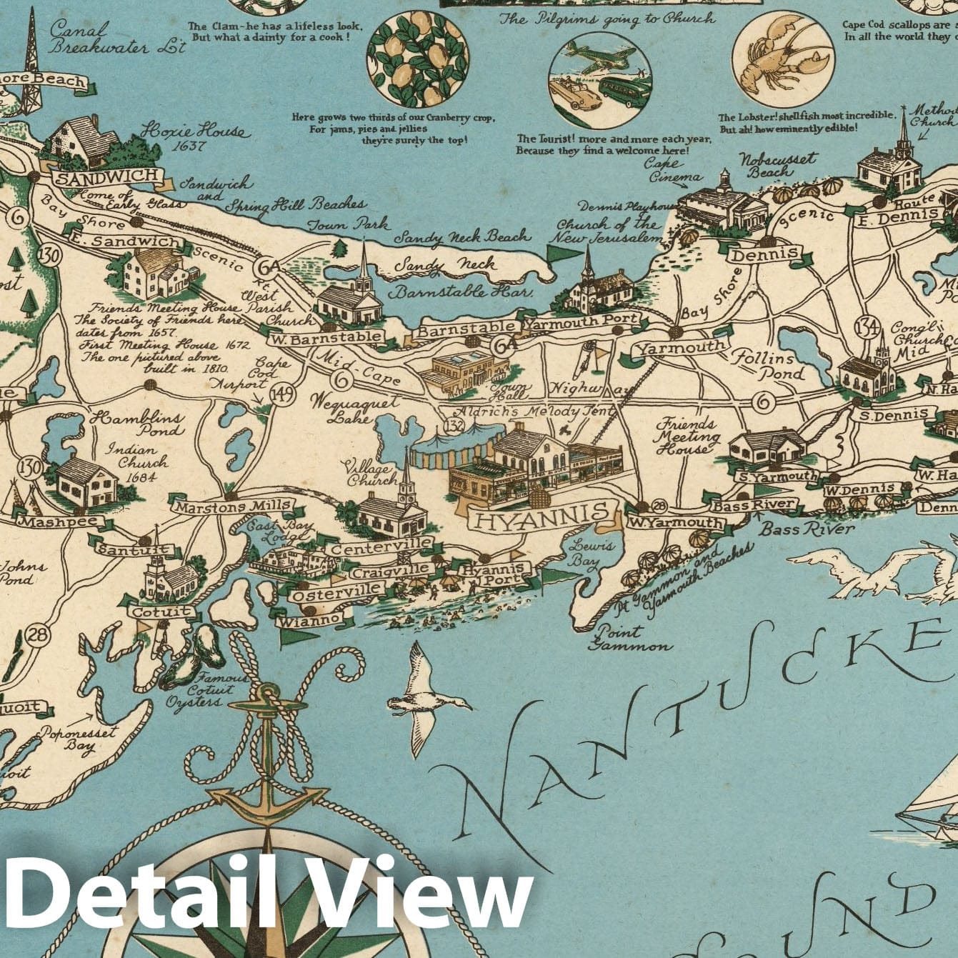 Cape Cod, Martha's Vineyard, and Nantucket - Pictorial Map, 1956