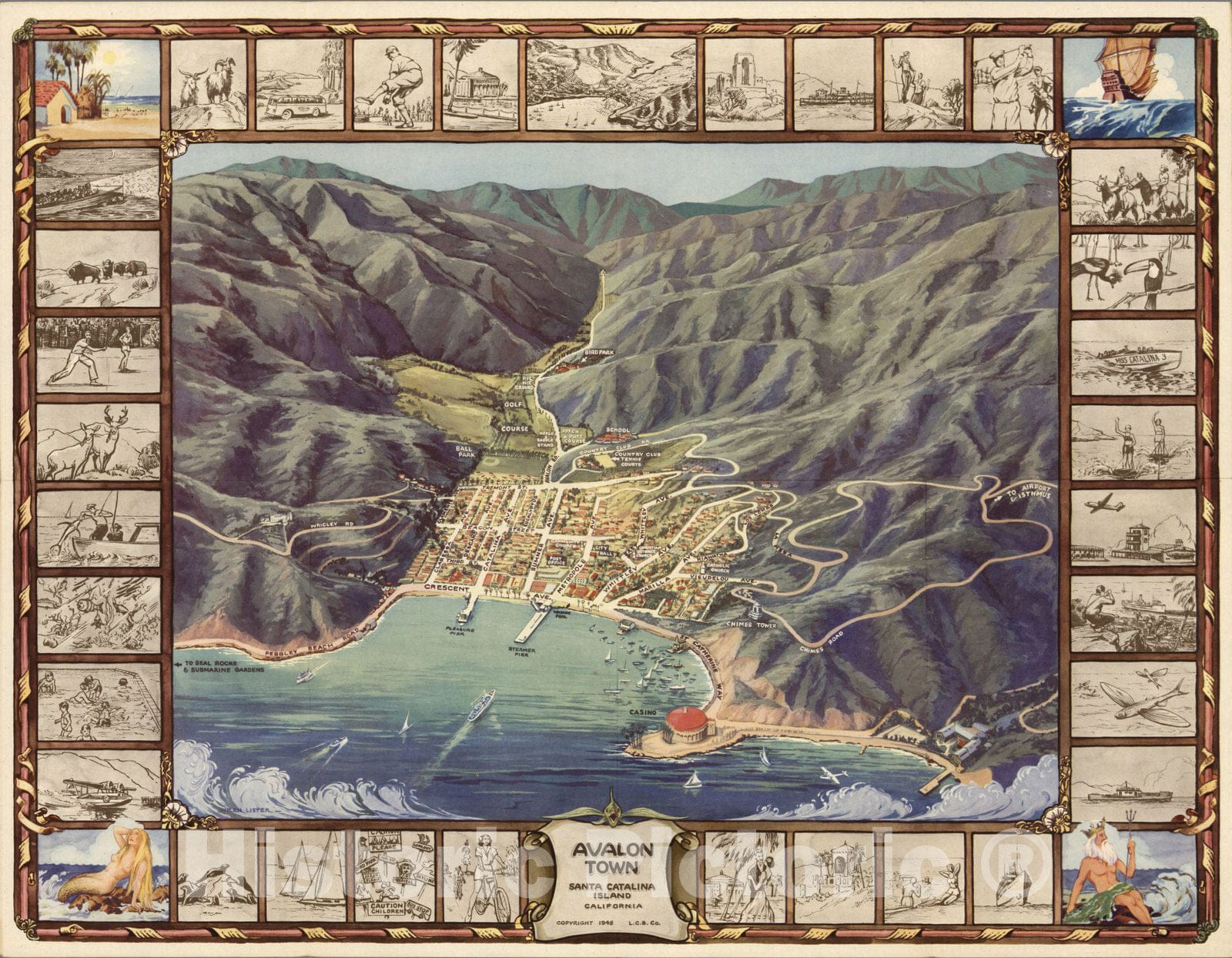 Avalon Town, Santa Catalina Island, California - Pictorial Map, 1948