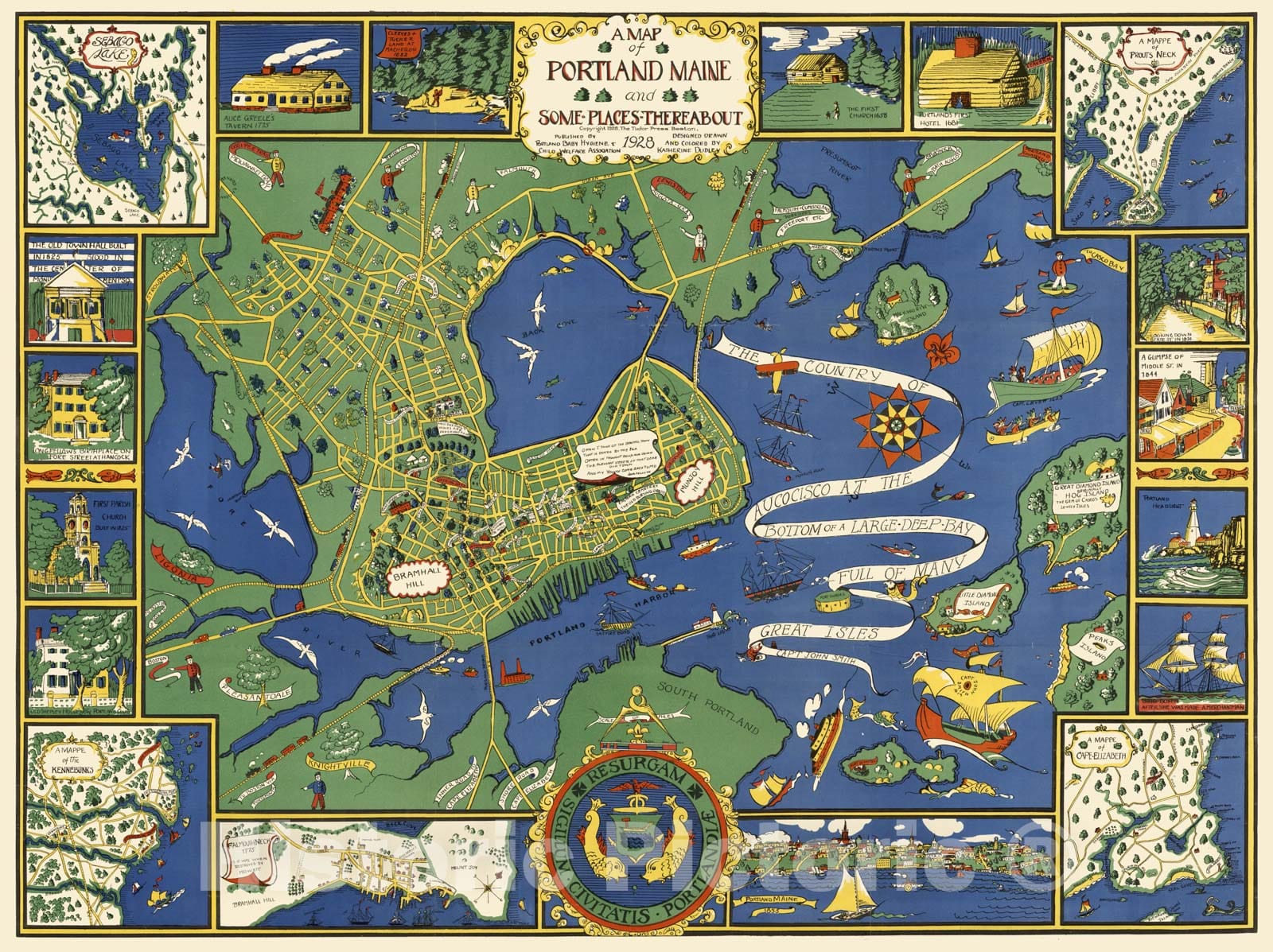 Historic Map - A Map of Portland Maine and Some Places Thereabout. Copyright 1928 - Vintage Wall Art