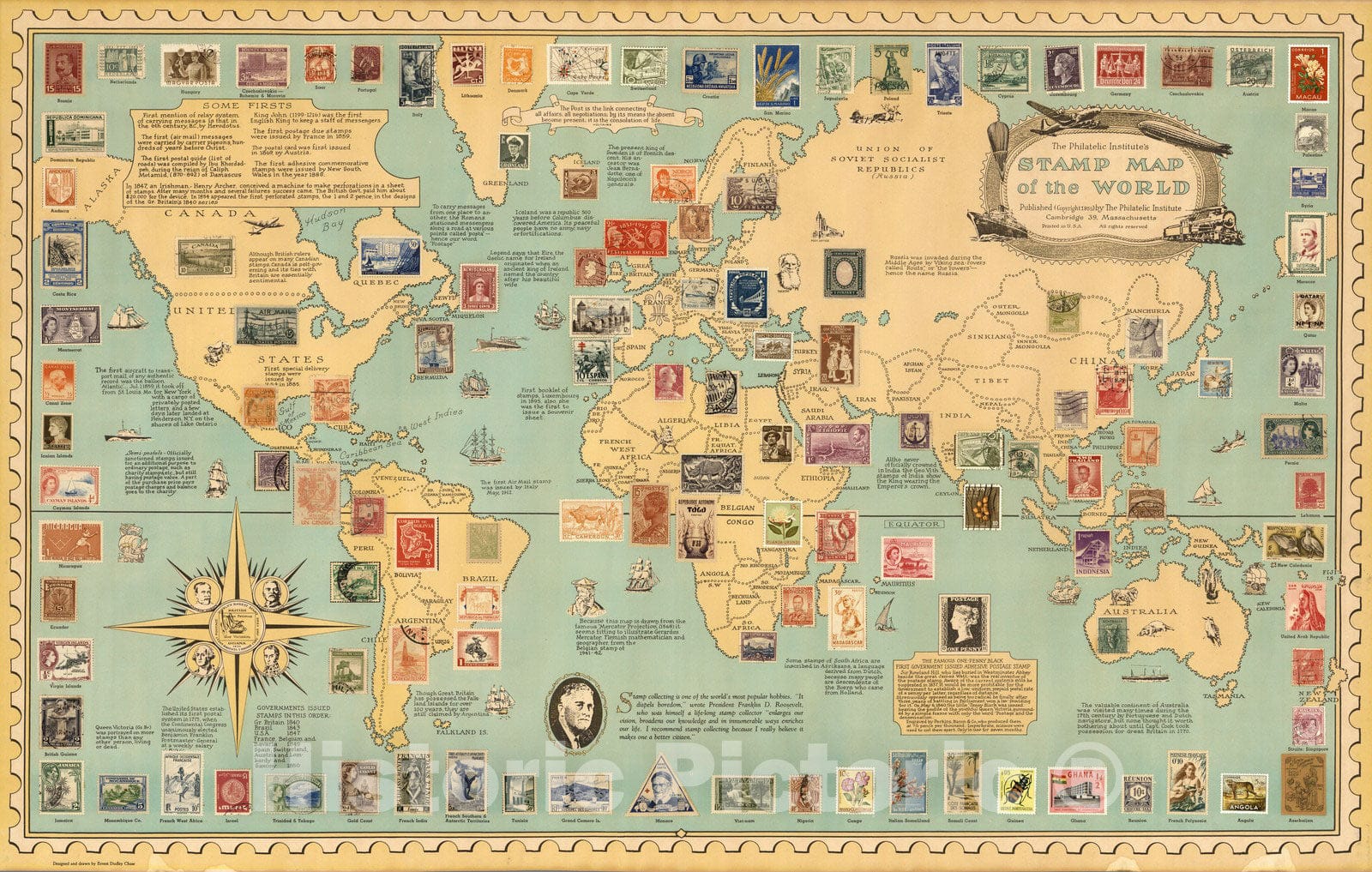 Historic Map : The Philatelic Institute's Stamp Map of the world, 1959 - Vintage Wall Art