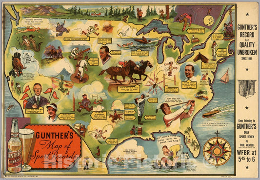 Historic Map : Gunther's Map of Sports Records, 1935 - Vintage Wall Art