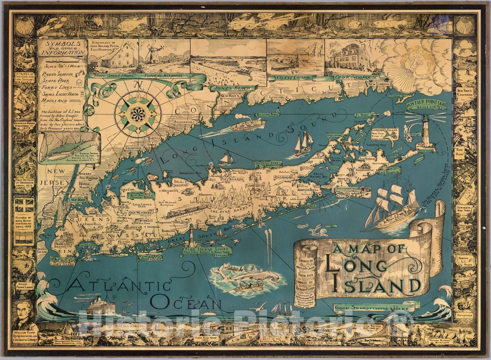 Long Island, New York - Pictorial Map, 1961 - Historical Map Print