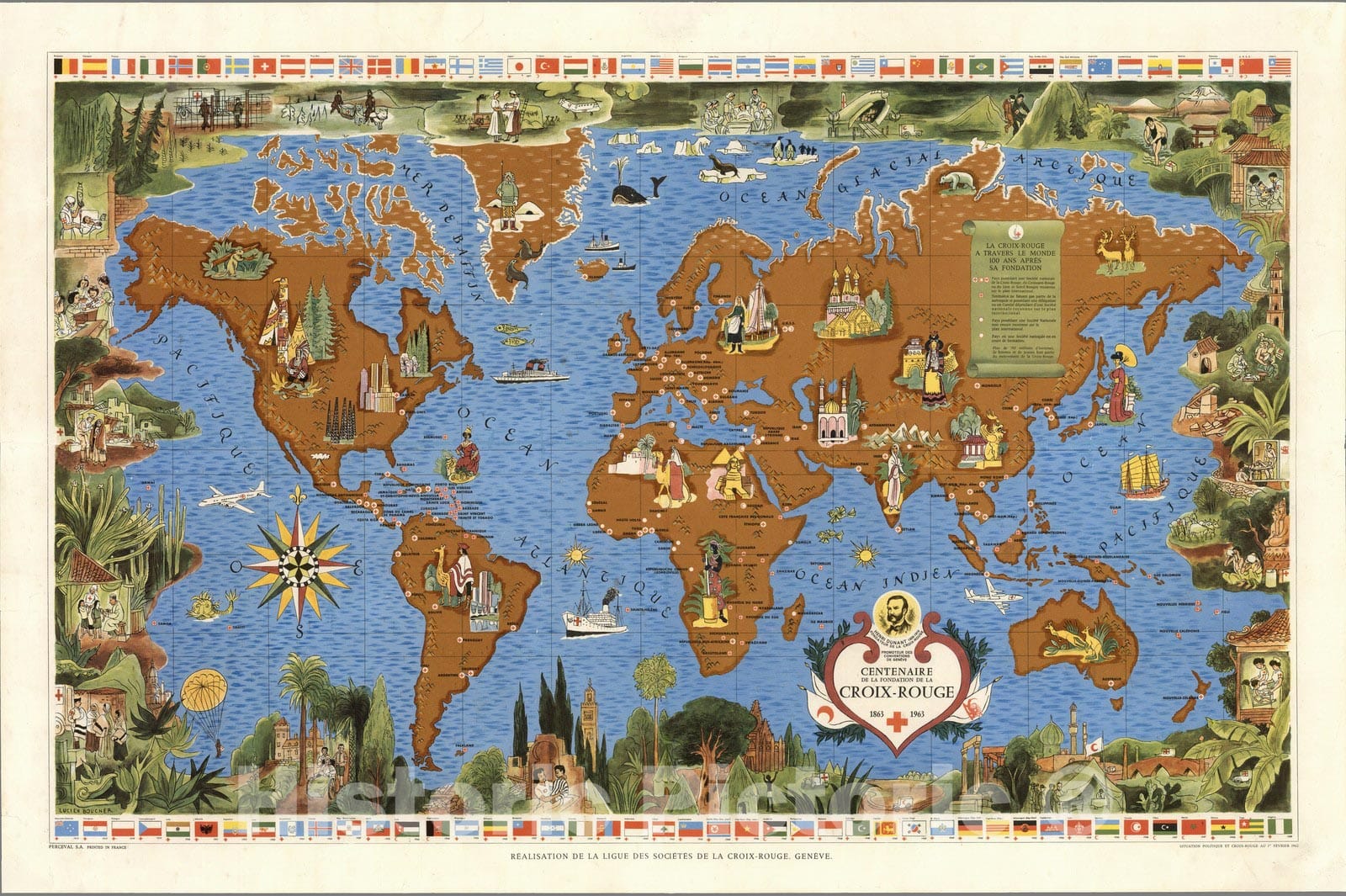 Historic Map : Centenary of the Foundation of the Red Cross. 1863-1963. 1962 - Vintage Wall Art