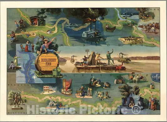 Historic Map - The Adventures of Huckleberry Finn from The Book by Mark Twain : Mississippi River