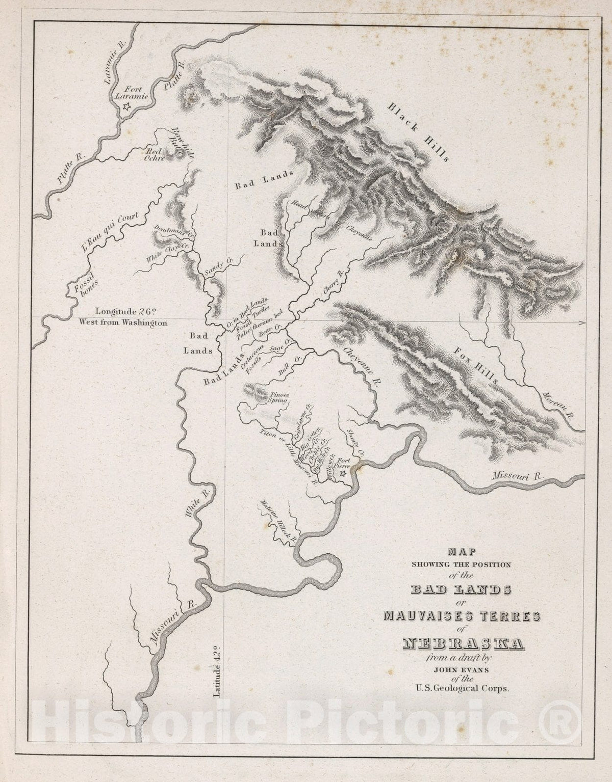 Historic Map : Map showing the positions of the Bad Lands or Mauvaises Terres of Nebraska, 1852 - Vintage Wall Art