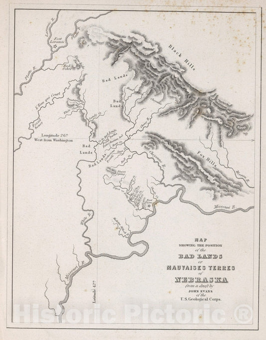 Historic Map : Map showing the positions of the Bad Lands or Mauvaises Terres of Nebraska, 1852 - Vintage Wall Art