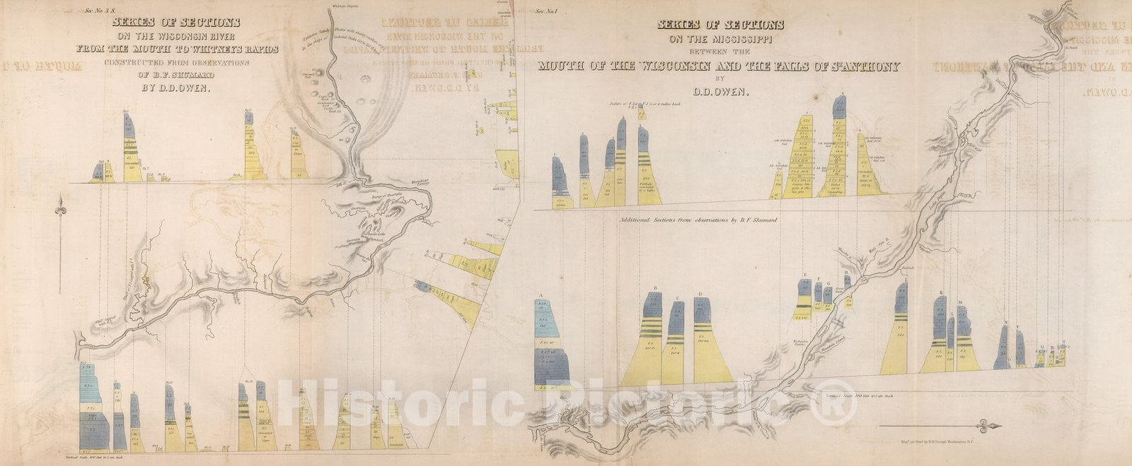 Historic Map : Geography Book, Series of sections on the Wisconsin River from the mouth to Whitneys Rapids 1852 - Vintage Wall Art