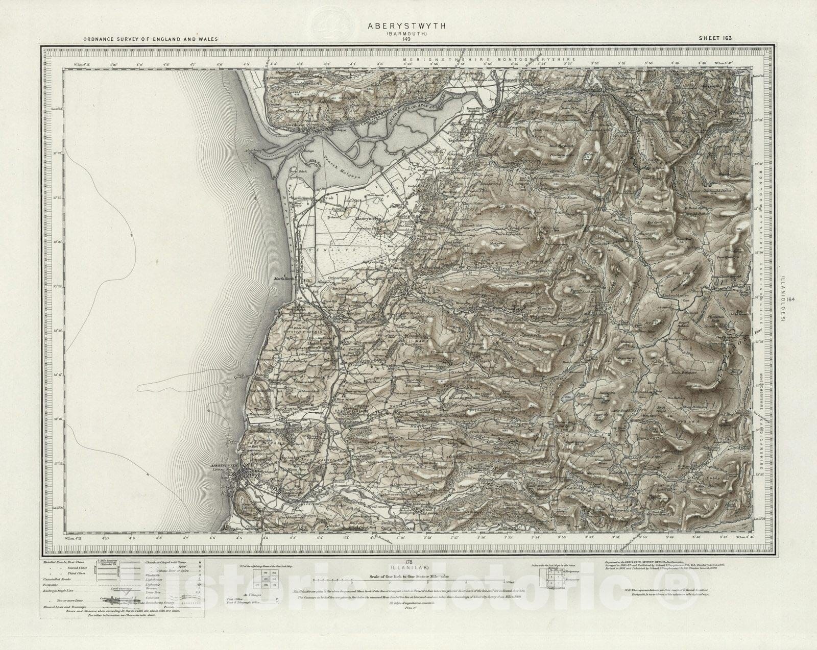 Historic Wall Map : 163 Aberystwyth (Hills) 1899 - Vintage Wall Art
