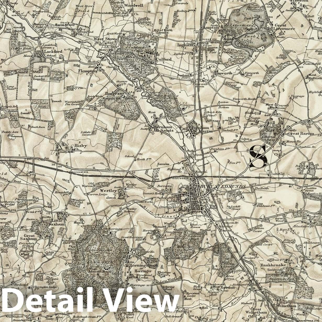 Bury St Edmunds, England - Survey Map, 1898 - Ordnance Survey Topographic Print