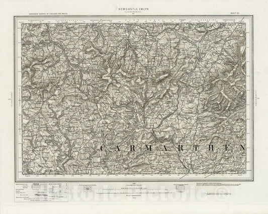 Historic Wall Map : 211 Newcastle Emlyn (Hills) 1898 - Vintage Wall Art
