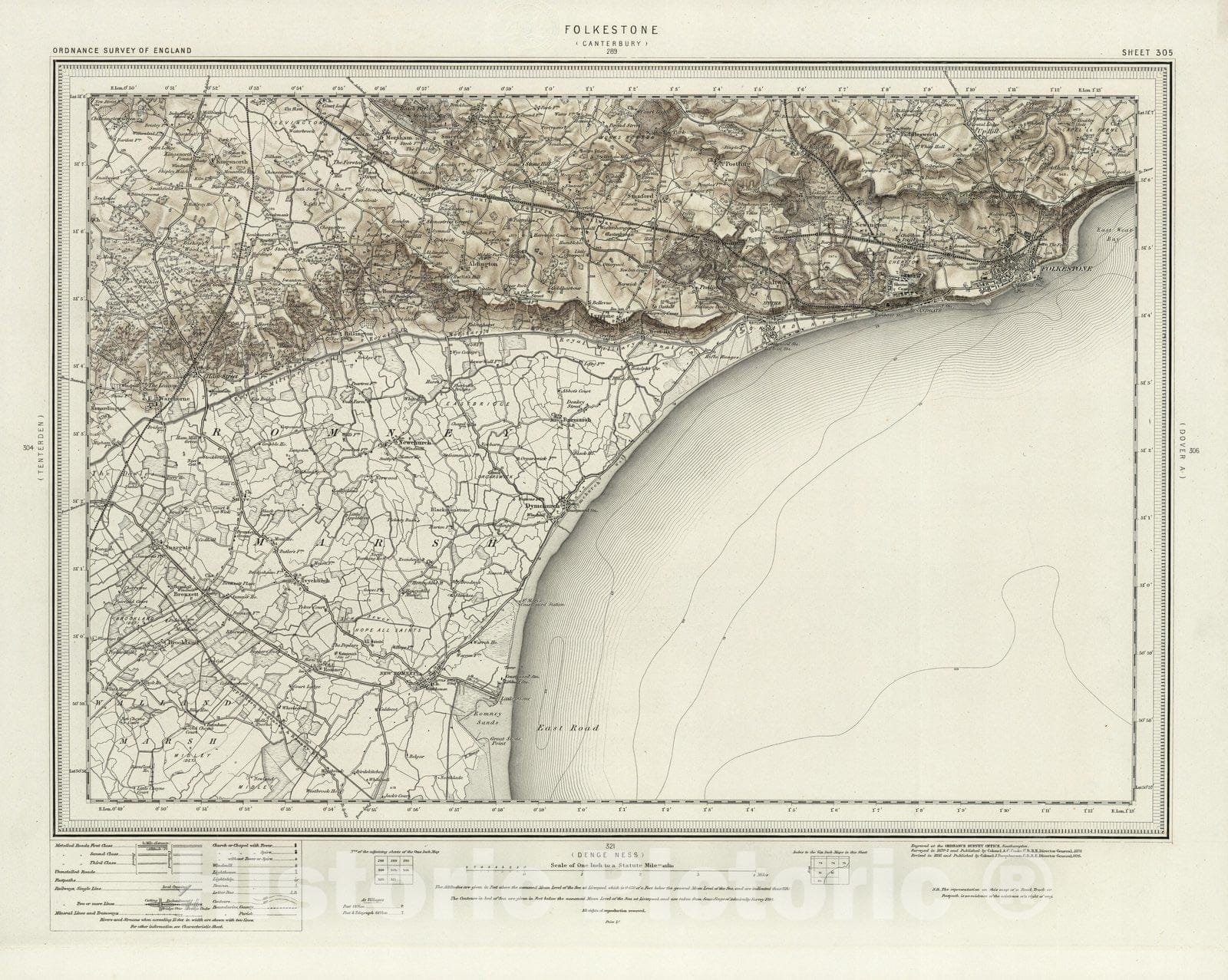 Historic Wall Map : 305 Folkestone (Hills) 1895 - Vintage Wall Art
