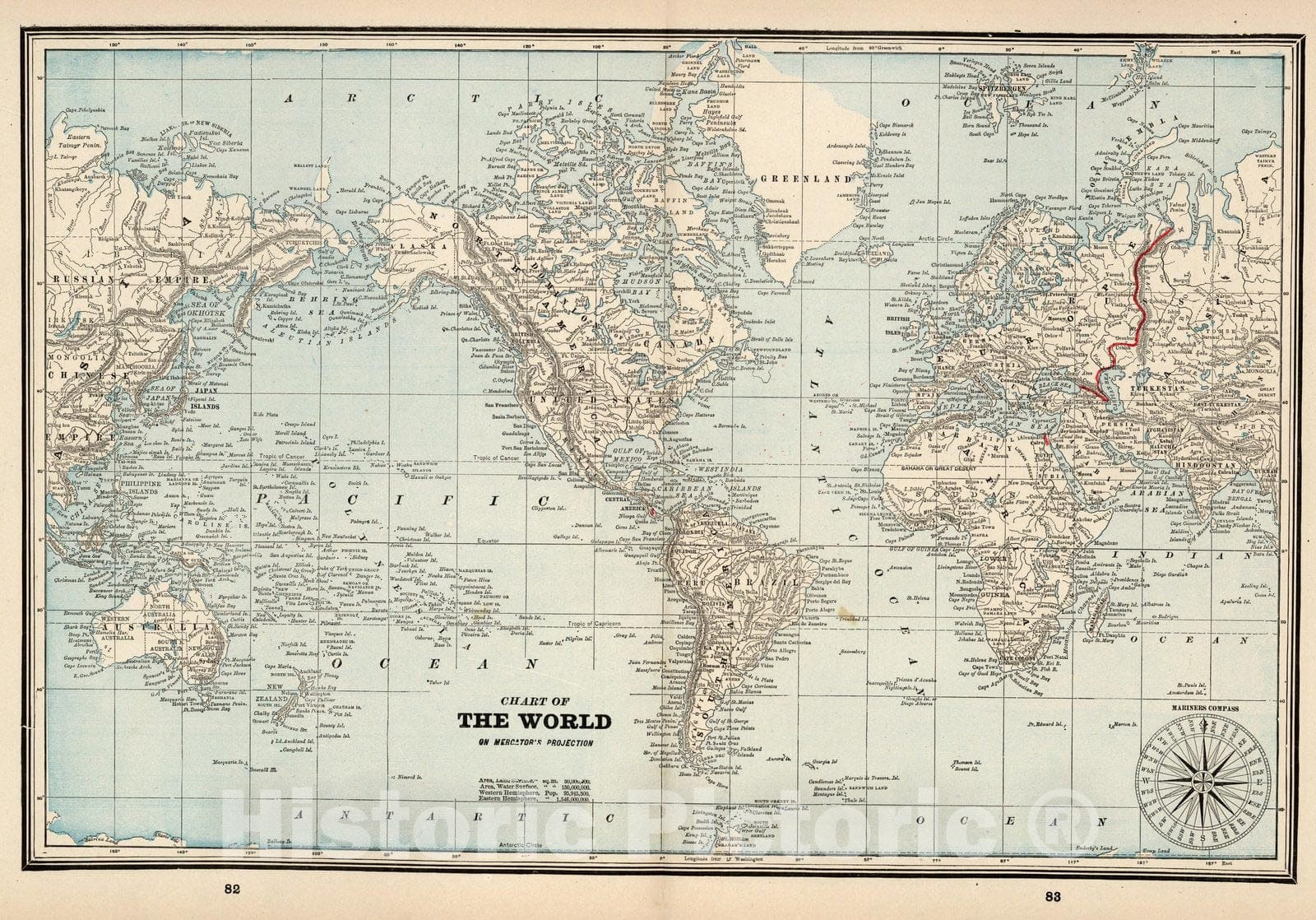 Historic Map : World Atlas Map, Chart of the World on Mercator's projection 1893 - Vintage Wall Art