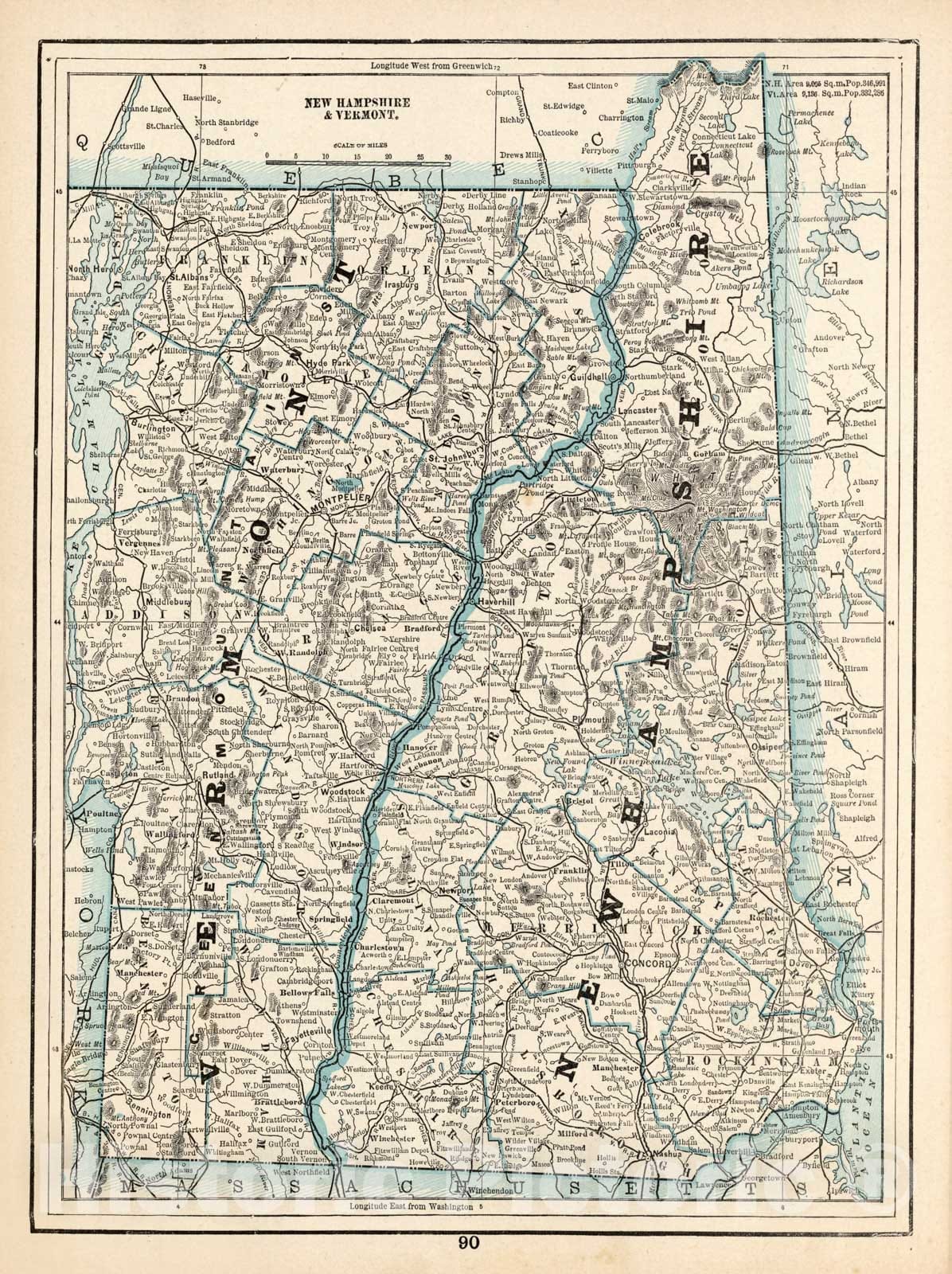 Historic Map : World Atlas Map, New Hampshire and Vermont 1893 - Vintage Wall Art