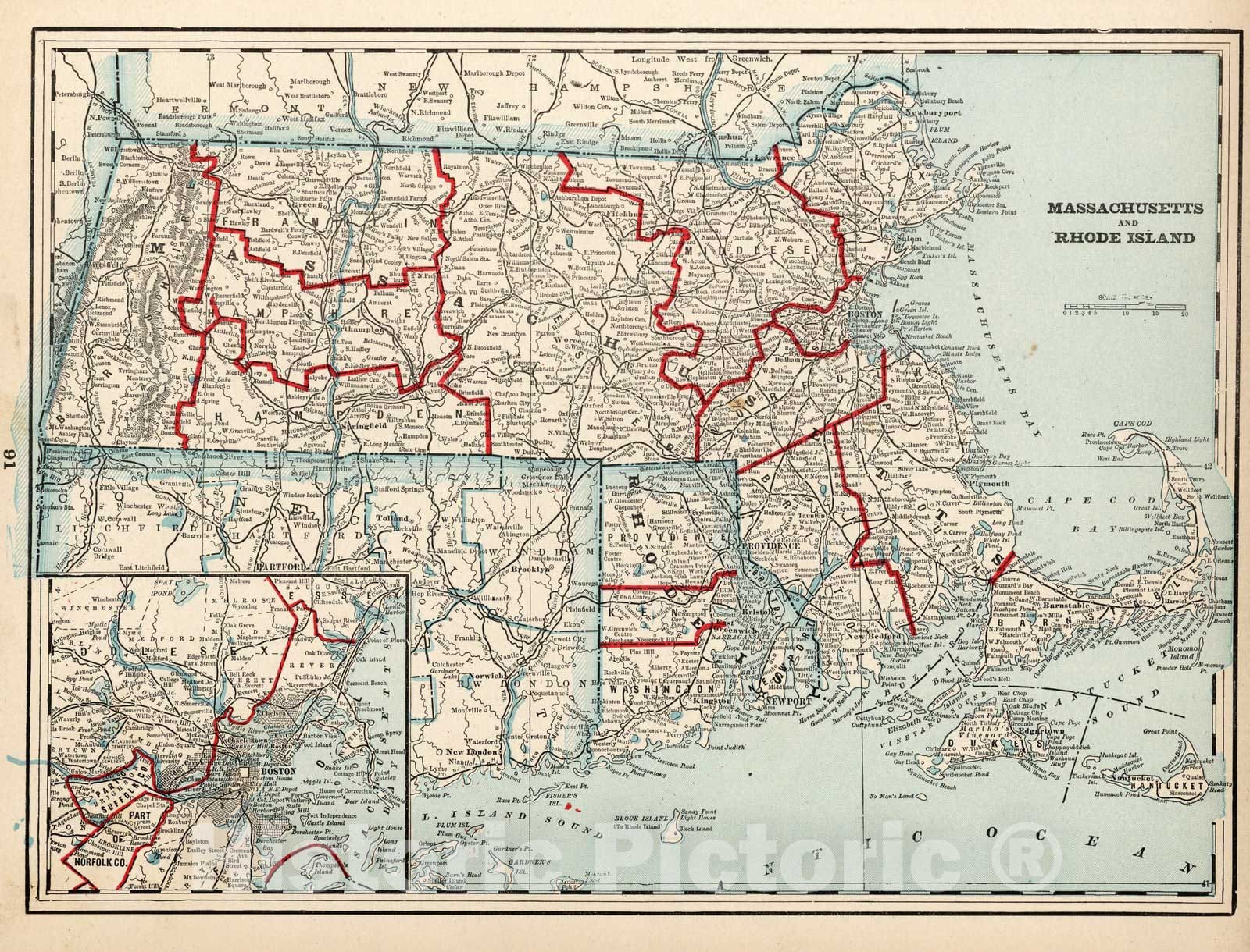 Historic Map : World Atlas Map, Massachusetts and Rhode Island 1893 - Vintage Wall Art
