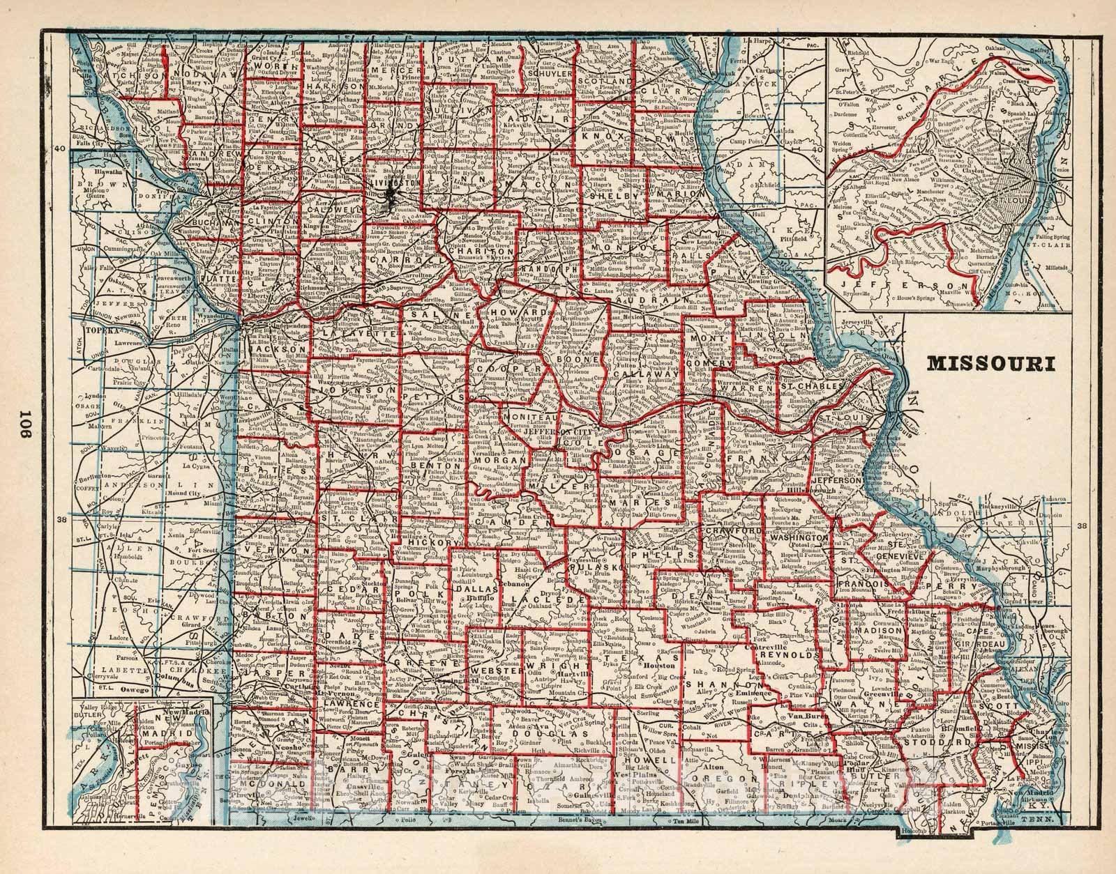 Historic Map : World Atlas Map, Missouri 1893 - Vintage Wall Art