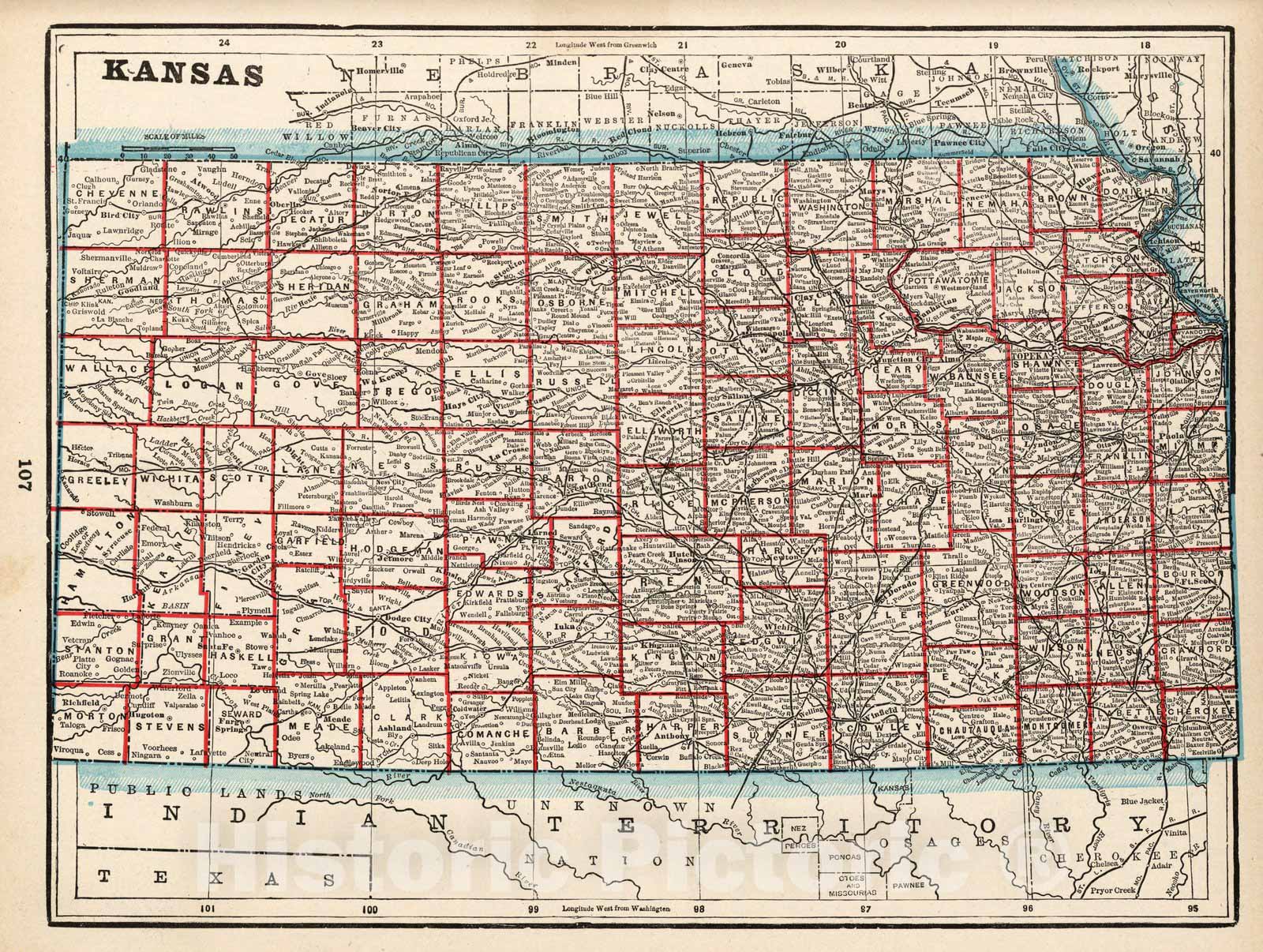 Historic Map : World Atlas Map, Kansas 1893 - Vintage Wall Art