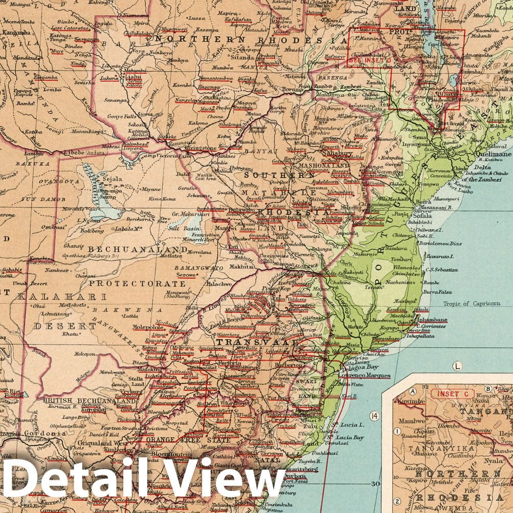 Southern Africa and Madagascar - Physical Map, 1925 - Historical Atlas Print